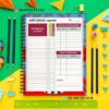 Agenda docente preescolar ciclo 2025-2026 monster red 18 Un cuaderno de control de asistencia encuadernado en espiral está rodeado de coloridos artículos de papelería, como lápices, clips, chinchetas y clips decorativos. El cuaderno tiene espacios para los nombres de los alumnos, la asistencia y notas.