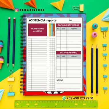 Un cuaderno de control de asistencia encuadernado en espiral está rodeado de coloridos artículos de papelería, como lápices, clips, chinchetas y clips decorativos. El cuaderno tiene espacios para los nombres de los alumnos, la asistencia y notas.