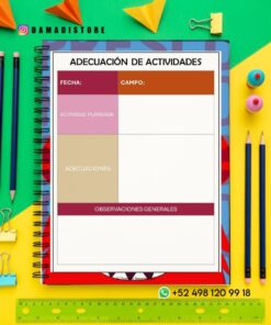 Un colorido diseño plano con material escolar rodea un cuaderno de espiral que muestra una plantilla de planificación de actividades en español con secciones para la fecha, el campo, la actividad planificada, el alojamiento y las observaciones generales.