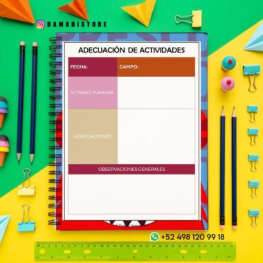 Un colorido diseño plano con material escolar rodea un cuaderno de espiral que muestra una plantilla de planificación de actividades en español con secciones para la fecha, el campo, la actividad planificada, el alojamiento y las observaciones generales.