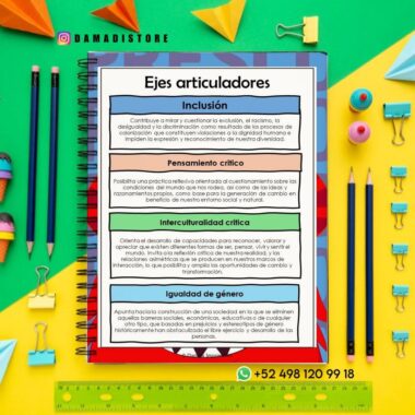 Un colorido diseño plano con un cuaderno de espiral titulado "Ejes articuladores" con secciones sobre inclusión, pensamiento crítico, interculturalidad crítica e igualdad de género. Alrededor hay lápices, clips, tijeras y material de oficina.