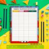Agenda docente preescolar ciclo 2025-2026 monster red 14 Un colorido escritorio con clips, lápices y un cuaderno de espiral abierto a una tabla titulada