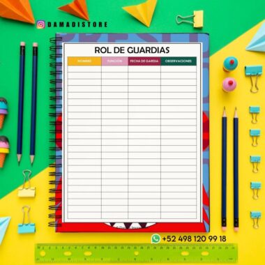 Un cuaderno de espiral abierto a una hoja de "Rol de Guardias" con columnas de colores para nombre, función, fecha y observaciones, rodeado de lápices, clips y papel sobre un colorido escritorio. Contacto de WhatsApp en la parte inferior.