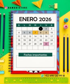 Un colorido espacio de trabajo con bolígrafos, clips, notas adhesivas y un calendario de enero de 2026 abierto a la primera semana. El día 7 está resaltado en amarillo y el 1 en negro. Las 