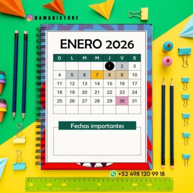 Un colorido espacio de trabajo con bolígrafos, clips, notas adhesivas y un calendario de enero de 2026 abierto a la primera semana. El día 7 está resaltado en amarillo y el 1 en negro. Las "Fechas importantes" y la información de contacto están visibles.