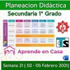Cuadro de planificación educativa titulado "Planeación Sec. Generales, Técnicas y Telesecundaria (1er Grado) Semana 21 (02 al 05 de Febrero del 2021)", para Telesecundaria 1er grado, que detalla el horario de clases semanal del 2 al 5 de febrero de 2021, con temas coloridos bloques, logotipos de herramientas educativas y un cartel con la fecha.