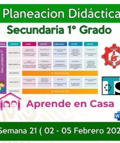 Cuadro de planificación educativa titulado "Planeación Sec. Generales, Técnicas y Telesecundaria (1er Grado) Semana 21 (02 al 05 de Febrero del 2021)", para Telesecundaria 1er grado, que detalla el horario de clases semanal del 2 al 5 de febrero de 2021, con temas coloridos bloques, logotipos de herramientas educativas y un cartel con la fecha.