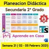 Infografía educativa titulada "Planeación Secundarias Generales, Técnicas y Telesecundaria (2do Grado) Semana 21 (02 al 05 de Febrero del 2021)" que muestra un cronograma semanal de lunes a viernes para la semana del 2 al 5 de febrero de 2021, con diferentes materias escolares y actividades enumeradas.