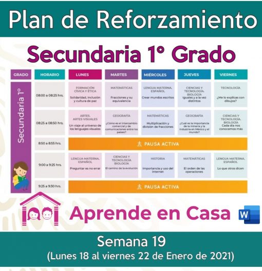 Un horario educativo titulado "Plan de reforzamiento para Secundaria Generales, Técnicas y Telesecundaria, (1er Grado) Semana 19" que muestra un horario semanal de lunes a viernes para varias materias en español, con una niña de dibujos animados leyendo un libro en la esquina inferior izquierda.