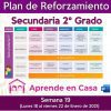 Un plan de refuerzo semanal codificado por colores titulado "Plan de reforzamiento para Secundaria Generales, Técnicas y Telesecundaria, (2do Grado) Semana 19" para la escuela secundaria, que detalla materias específicas programadas de lunes a viernes, del 18 al 22 de enero de 2021.