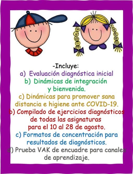 Material Curso Remedial para Preescolar (Los 3 grados) de dos niños sonrientes, un niño y una niña, encima de una lista en español que describe los pasos de evaluación diagnóstica relacionados con evaluaciones de salud, higiene, concentración y aprendizaje para preescolar.