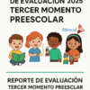 Portada del Informe de Evaluación Tercer Momento Preescolar. Debajo del título aparecen cuatro niños, cada uno participando en actividades como lectura y experimentos científicos.