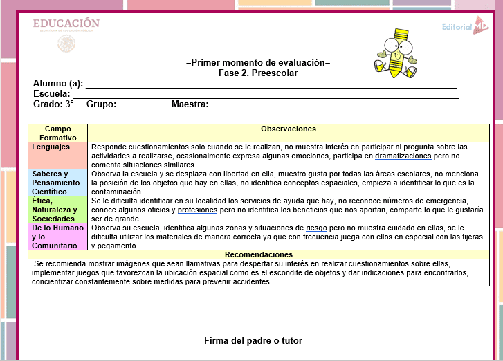 reportes de evaluacion primer momento preescolar