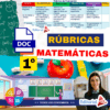 Un colorido cartel educativo para "Rúbricas Matemáticas 1°" muestra una tabla de rúbricas, símbolos matemáticos, una escena de clase, una manzana con libros y una mujer sonriente, con la marca Editorial MD.
