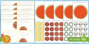 Tarjetas de matemáticas: ¡Las fracciones con pizza!