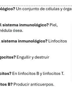 Una infografía sobre el sistema inmunológico con preguntas y respuestas a la izquierda e íconos relacionados con el sistema inmunológico a la derecha, incluido un corazón, un microscopio y un escudo.