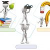 Ilustración de cinco figuras estilizadas dedicadas a diferentes actividades del Formato de Planeación para Proyectos Socioformativos: leer sobre una pila de libros, observar con binoculares, sostener una muestra de sangre, jugar béisbol y reflexionar con un lápiz gigante y un signo de interrogación.