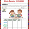 Portada de un formulario de evaluación del primer trimestre de sexto curso para el curso 2025-2026, en el que aparecen dos niños de dibujos animados leyendo con un perro, y una tabla de asignaturas y cursos a continuación.