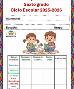 Portada de un formulario de evaluación del primer trimestre de sexto curso para el curso 2025-2026, en el que aparecen dos niños de dibujos animados leyendo con un perro, y una tabla de asignaturas y cursos a continuación.