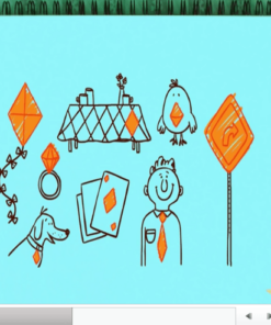 Una ilustración juguetonamente garabateada en un bloc de notas azul que muestra varios objetos y personajes, incluido Recurso de clase: formas, un perro, un niño y una bandera.