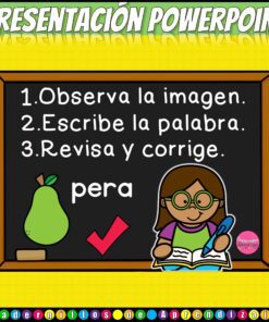 Juego Palabras Bisílabas 6 Un colorido póster educativo muestra los pasos para una actividad de PowerPoint: 1. Observar la imagen (una pera), 2. Escribir la palabra (