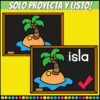 Juego Palabras Bisílabas 7 Dos pizarras muestran una isla de dibujos animados con una palmera. Una pizarra sólo tiene la imagen, mientras que la otra tiene la palabra