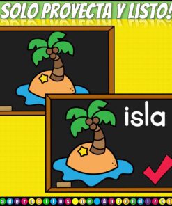 Juego Palabras Bisílabas 7 Dos pizarras muestran una isla de dibujos animados con una palmera. Una pizarra sólo tiene la imagen, mientras que la otra tiene la palabra