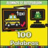 Juego Palabras Bisílabas 8 Colorido póster educativo con imágenes de dibujos animados de un taxi en una pizarra con la etiqueta