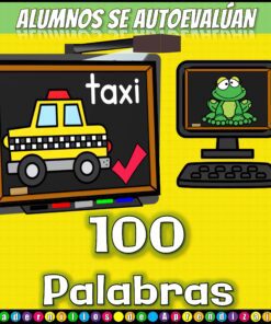 Juego Palabras Bisílabas 8 Colorido póster educativo con imágenes de dibujos animados de un taxi en una pizarra con la etiqueta