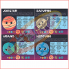 Láminas Del Sistema Solar 9 Láminas Del Sistema Solar con ilustraciones de cuatro carteles que muestran representaciones antropomórficas y adorables de los planetas Júpiter, Saturno, Urano y Neptuno, incluyendo datos como tamaño, temperatura