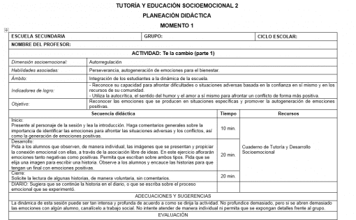 Un documento educativo titulado "Planeaciones Tutoria Socioemocional 2 Secundaria Anual" que presenta una tabla con columnas tituladas "escuela secundaria", "grupo", "nombre.
