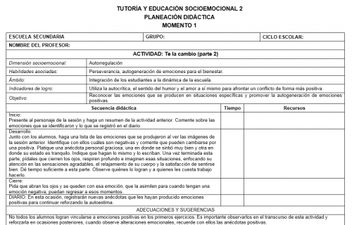 Documento educativo titulado "Planeaciones Tutoria Socioemocional 2 Secundaria Anual" con un diseño de tabla que muestra secciones por escuela, grado, disciplina social, docente y actividad que involucra el cambio de roles.