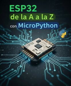 Portada del libro que muestra un microchip con la etiqueta "ESP32" en una placa de circuito brillante, con el título "ESP32 de la A a la Z con MicroPython" y un logotipo de Python. Autores: Alejandro Méndez y Josué Pérez.