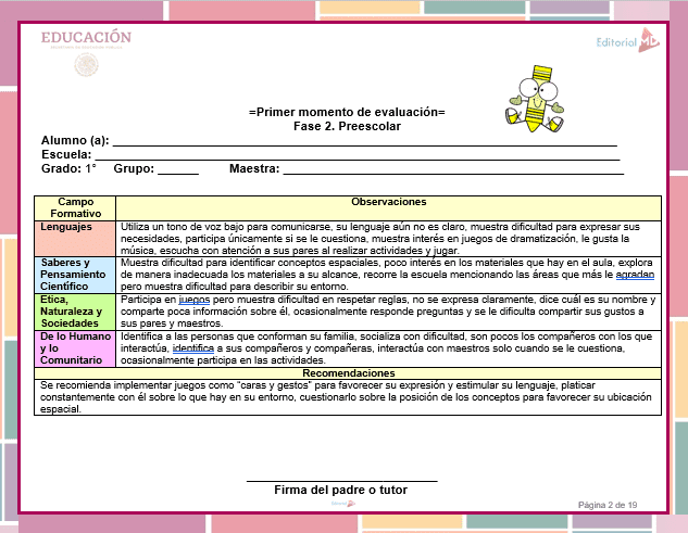 sugerencias y observaciones reportes de evaluacion preescolar 