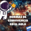 Astronauta de dibujos animados que sostiene una estrella flotando en un colorido fondo espacial con planetas. El texto reza "Normas de convivencia en el aula" y una etiqueta azul dice "Nuevo.
