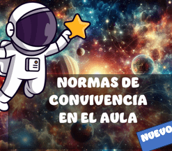 Astronauta de dibujos animados que sostiene una estrella flotando en un colorido fondo espacial con planetas. El texto reza "Normas de convivencia en el aula" y una etiqueta azul dice "Nuevo.