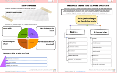 Dos fichas educativas en español sobre salud emocional para adolescentes. La página izquierda presenta un gráfico circular sobre problemas emocionales; la página derecha enumera los principales riesgos físicos y psicosociales en la adolescencia con espacios para rellenar.