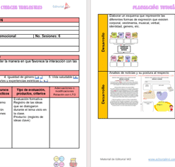Dos páginas de un plan de clase con tablas. Las páginas incluyen secciones con información para el profesor, objetivos de aprendizaje, actividades, recursos y métodos de evaluación. Iconos coloridos y pequeñas ilustraciones decoran los márgenes.