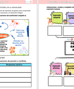 Dos coloridas fichas educativas sobre aprendizaje socioemocional. La página izquierda explica la asertividad con ejemplos, mientras que la página derecha presenta recuadros etiquetados para diferentes formas de expresión humana y espacios para escribir definiciones.