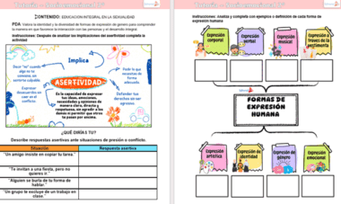 Dos coloridas fichas educativas sobre aprendizaje socioemocional. La página izquierda explica la asertividad con ejemplos, mientras que la página derecha presenta recuadros etiquetados para diferentes formas de expresión humana y espacios para escribir definiciones.