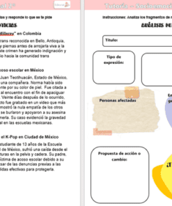 Dos hojas de trabajo educativas en español sobre el análisis de noticias. La página izquierda contiene texto que describe tres casos noticiosos; la página derecha contiene secciones para completar e ilustraciones a color para que los estudiantes analicen los eventos.