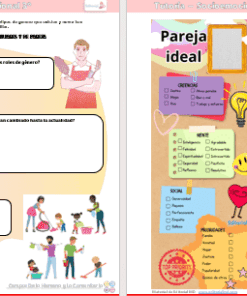 Dos coloridas páginas de cuaderno para niños. La página de la izquierda presenta actividades con personajes de dibujos animados y casillas en blanco para las respuestas. La página derecha se titula 