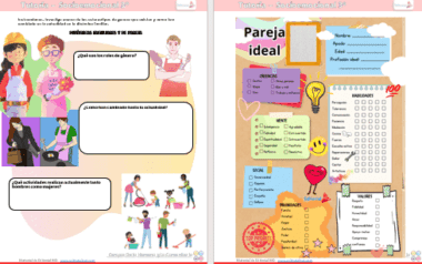 Dos coloridas páginas de cuaderno para niños. La página de la izquierda presenta actividades con personajes de dibujos animados y casillas en blanco para las respuestas. La página derecha se titula "Pareja ideal" y muestra una lista de control, notas adhesivas y espacios para escribir información.