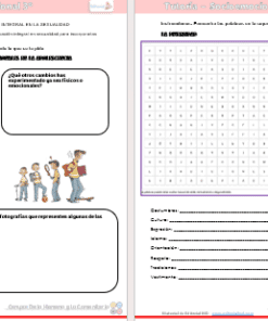 Dos páginas de cuaderno didáctico: la de la izquierda contiene ilustraciones de niños y adultos con texto en español, mientras que la de la derecha presenta una sopa de letras y espacios rayados para escribir las respuestas.