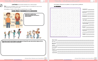 Dos páginas de cuaderno didáctico: la de la izquierda contiene ilustraciones de niños y adultos con texto en español, mientras que la de la derecha presenta una sopa de letras y espacios rayados para escribir las respuestas.