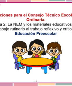 Ilustración de tres niños sentados alrededor de una mesa, saludando con entusiasmo. El fondo presenta el texto de *Productos Contestados Segunda sesión CTE 2024 Preescolar*, que enfatiza el cambio del trabajo rutinario a tareas reflexivas y críticas, en consonancia con los objetivos de CTE 2024.
