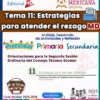 Portada digital para el "Tema 11: Estrategias para atender el rezago" de la Nueva Escuela Mexicana. Incluye logotipos, textos en color para Preescolar, Primaria, Secundaria y gráficos relacionados con la educación.