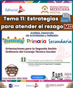 Portada digital para el "Tema 11: Estrategias para atender el rezago" de la Nueva Escuela Mexicana. Incluye logotipos, textos en color para Preescolar, Primaria, Secundaria y gráficos relacionados con la educación.