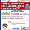 Un colorido póster digital para el "Tema 12. Infancias y adolescencias trans y no binarias MD" con logotipos, iconos de niveles escolares (preescolar, primaria, secundaria) y un botón de descarga. Es para el curso escolar 2025-2026.