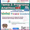 Cartel informativo a color en español sobre "Tema 2: Programa Analítico MD" para los niveles de preescolar, primaria y secundaria, que incluye guía de sesiones y botón de descarga para el curso escolar 2025-2026. Logotipos e iconos visibles.